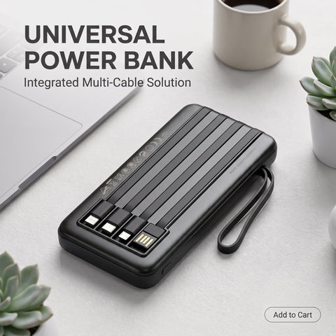 10000mAh Fast Charging Power Bank with Built-in Cables | Universal Portable Charger