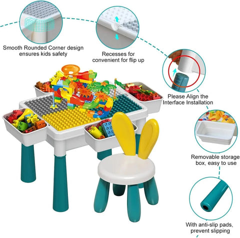 2 in 1 Building Blocks and Learning Table with Chair - Kids Activity & Educational Play Set