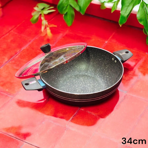 34 cm Marble Coated Round Wok (Karahi) with Glass Lid