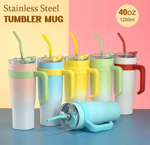 40oz Stainless Steel Insulated Tumbler Mug with Handle & Straw – 1200ml Large Capacity Travel Cup