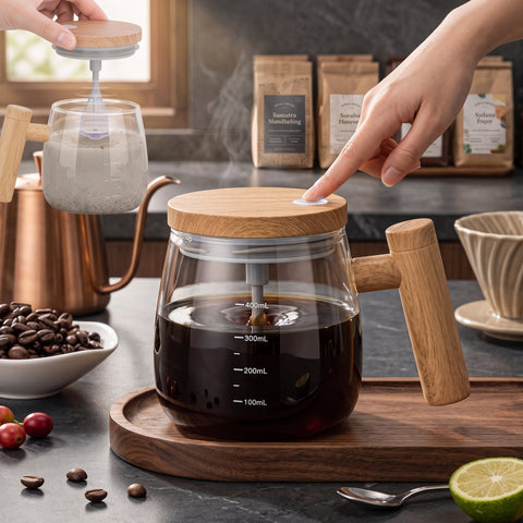 Automatic Self Stirring Coffee Mug | Rechargeable Electric Mixing Cup with Wooden Handle