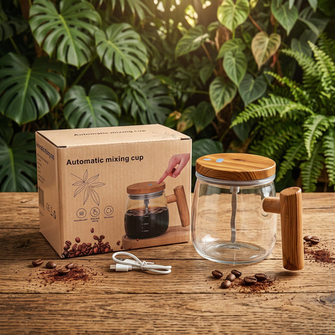 Automatic Self Stirring Coffee Mug | Rechargeable Electric Mixing Cup with Wooden Handle