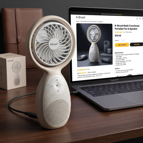 KBroad Portable Wireless Speaker with Built-in Fan – Rechargeable Handheld Cooling & Audio Device
